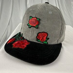 Gray and Black Cap with Red Rose Embroidery Custom Patchwork